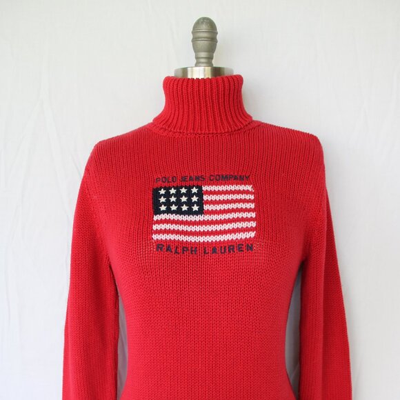 Ralph Lauren POLO Red embroidered flag American turtleneck tunic sweater RRL L - Picture 7 of 9